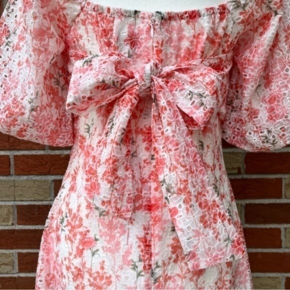 ☀️ NWT Adelyn Rae Collen Floral Eyelet Puff Sleeve Mini Dress in Flamingo - Picture 9 of 16